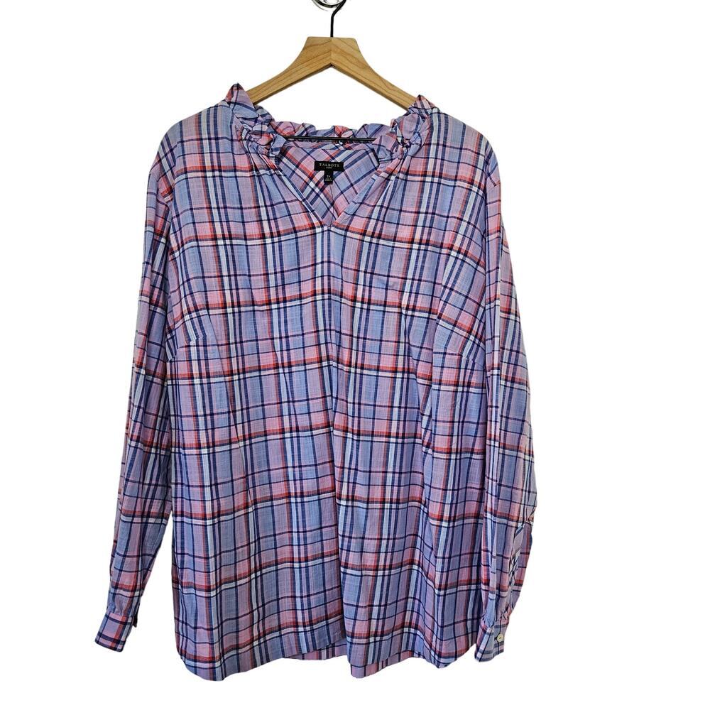 NEW Talbots Plaid Blouse‎ 3X Plus Blue Coral Pink Ruffle V-Neck Popover NWT